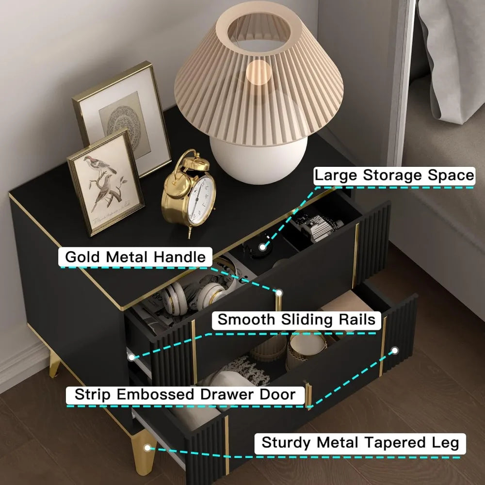 Nightstands Set of 2, Wood Bedside Table with 2 Drawers, End Table with Striped Surface Metal Handle Legs