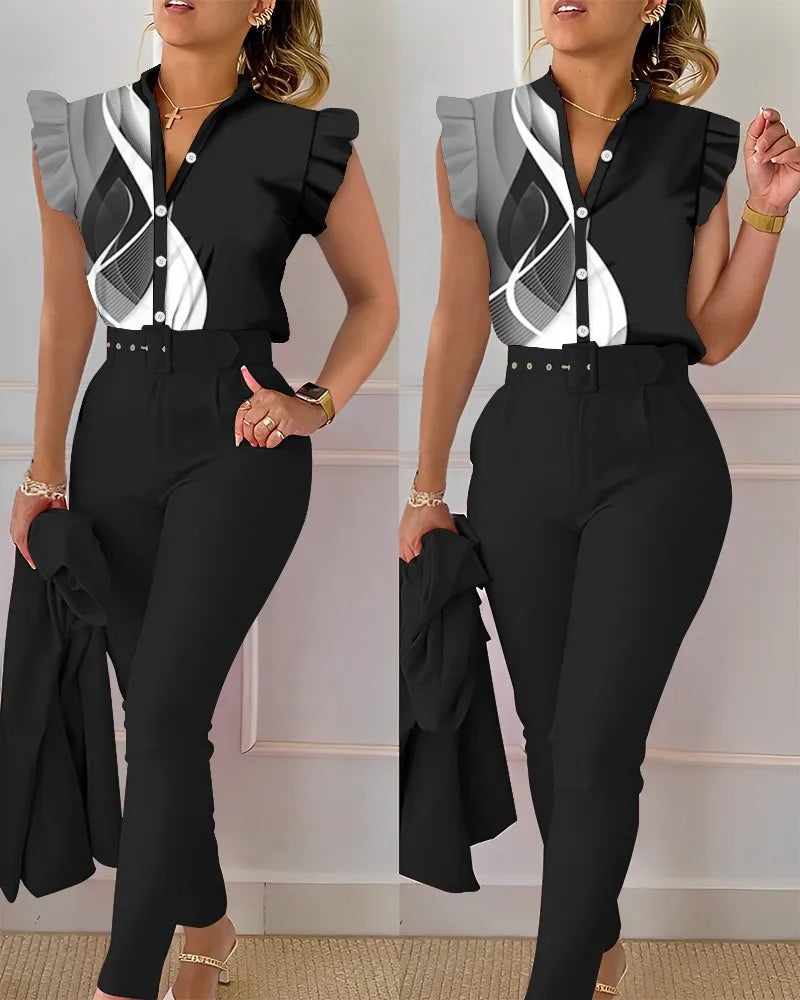 Summer Women's Flower Print Lotus Leaf Sleeve High Waist Pants Set Waist Belt Women's V-Neck Two Piece Set Work Suit Set