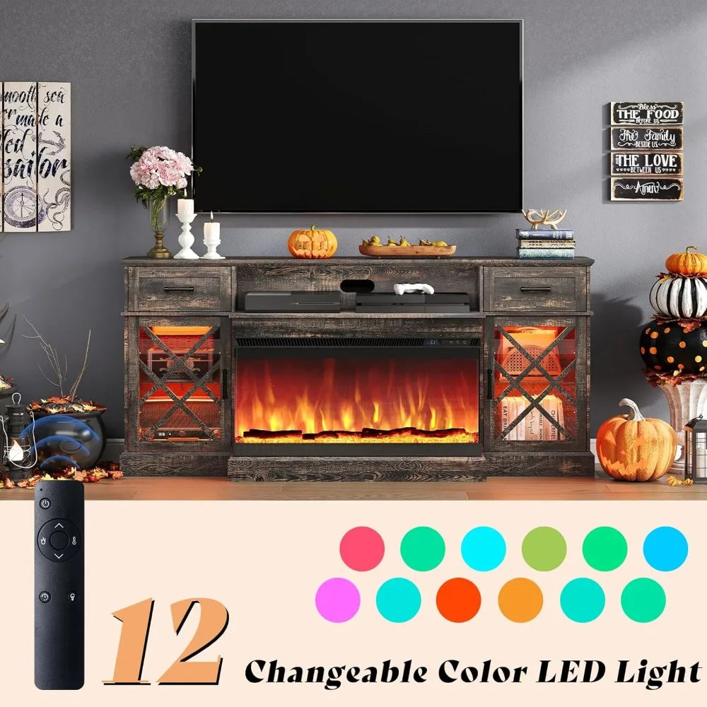 Farmhouse LED Fireplace TV Stand with 3-Sided Glass Fireplace, 70" Large Entertainment Center for TVs up to 80", Rustic TV Cons