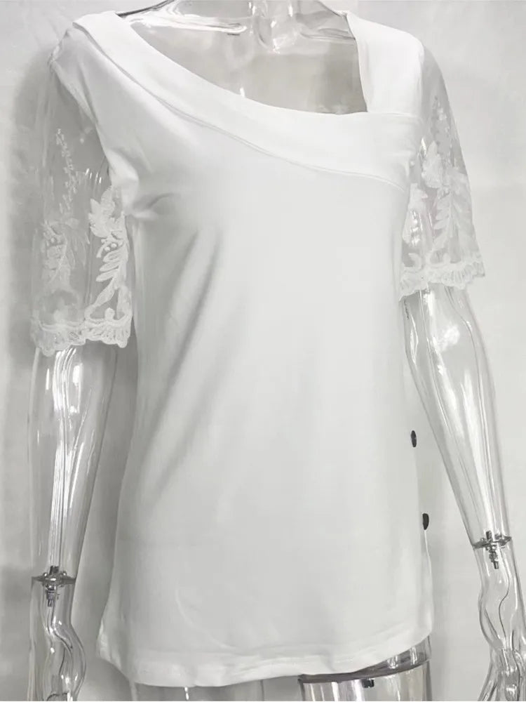 Fashion White Lace Short Sleeve Tops Women T Shirt 2023 Summer Casual Buttons Office T-shirt Tshirt Top Femme