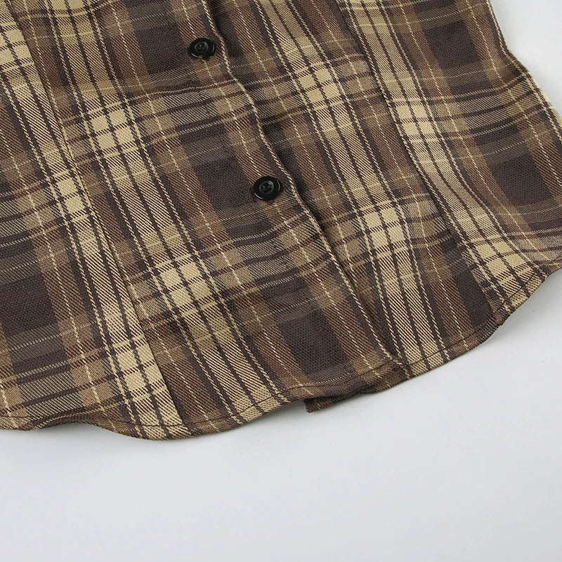 BIIKPIIK Vintage Plaid Short Sleeve Casual Shirts Gentle Sweet Turndown Collar Button Frill Puff Sleeve Shirt Spring Summer Tops