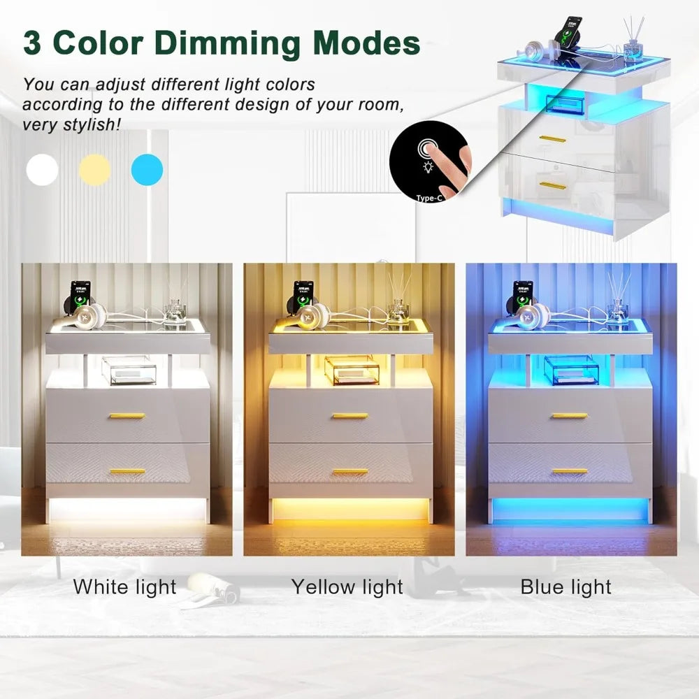 LED Nightstand with Charging Station High Gloss Bedside Table with 2 Drawers, Smart Night Stand with Auto Sensor Lights