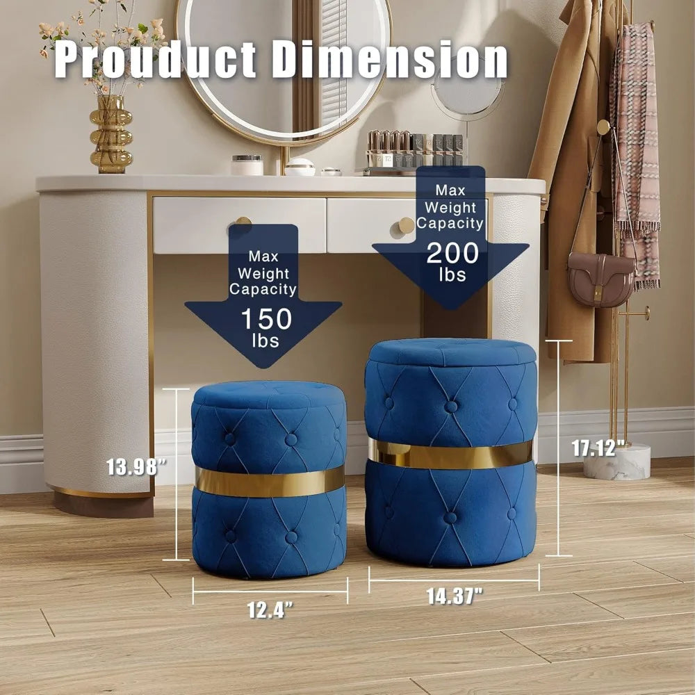 Round Storage Ottoman Set of 2, Fully Assembled Velvet Vanity Stool Chair, for Bedroom, Living Room, Office and Study Room, Blue
