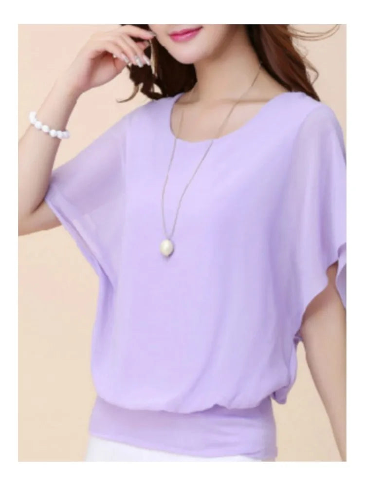 New Summer O Neck Short Sleeve Loose Fashion Chiffon Shirt For Women Top Black Casual Shirts Women Clothes 2025