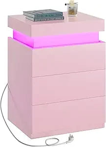 Nightstand with Charging Station and LED Lights, Led Nightstand with Sliding Top, Bedside Table with Drawers, Modern End Table S