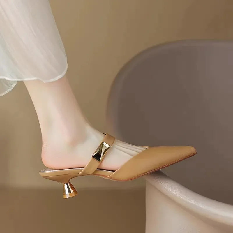 Beige Ladies Casual Med Heels Shoes