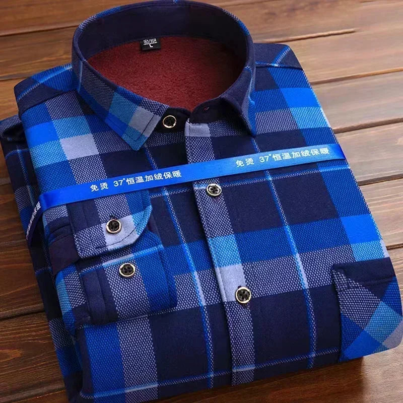 2025 Men's Autumn Winter Thick Warm Long Sleeve Plaid Shirt