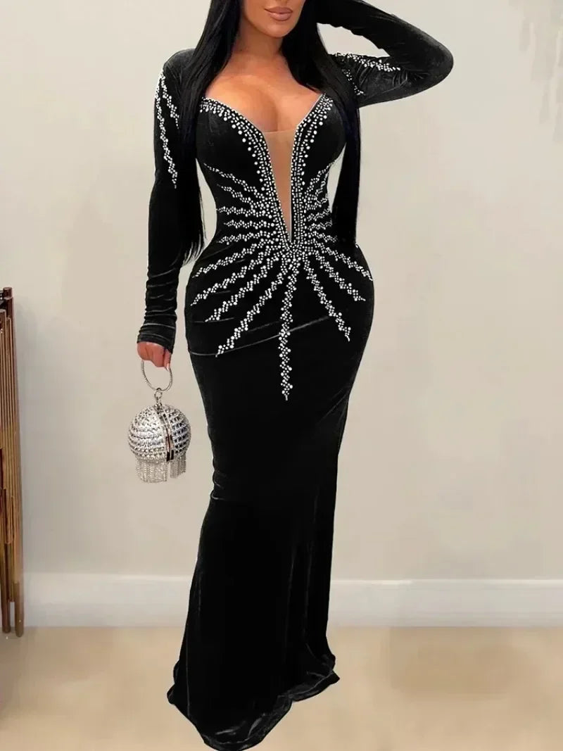 2025 Elegant Diamonds Velvet Long Party Dress for Women Sexy Deep V Evening Gown Formal Black Slim Dress Robe