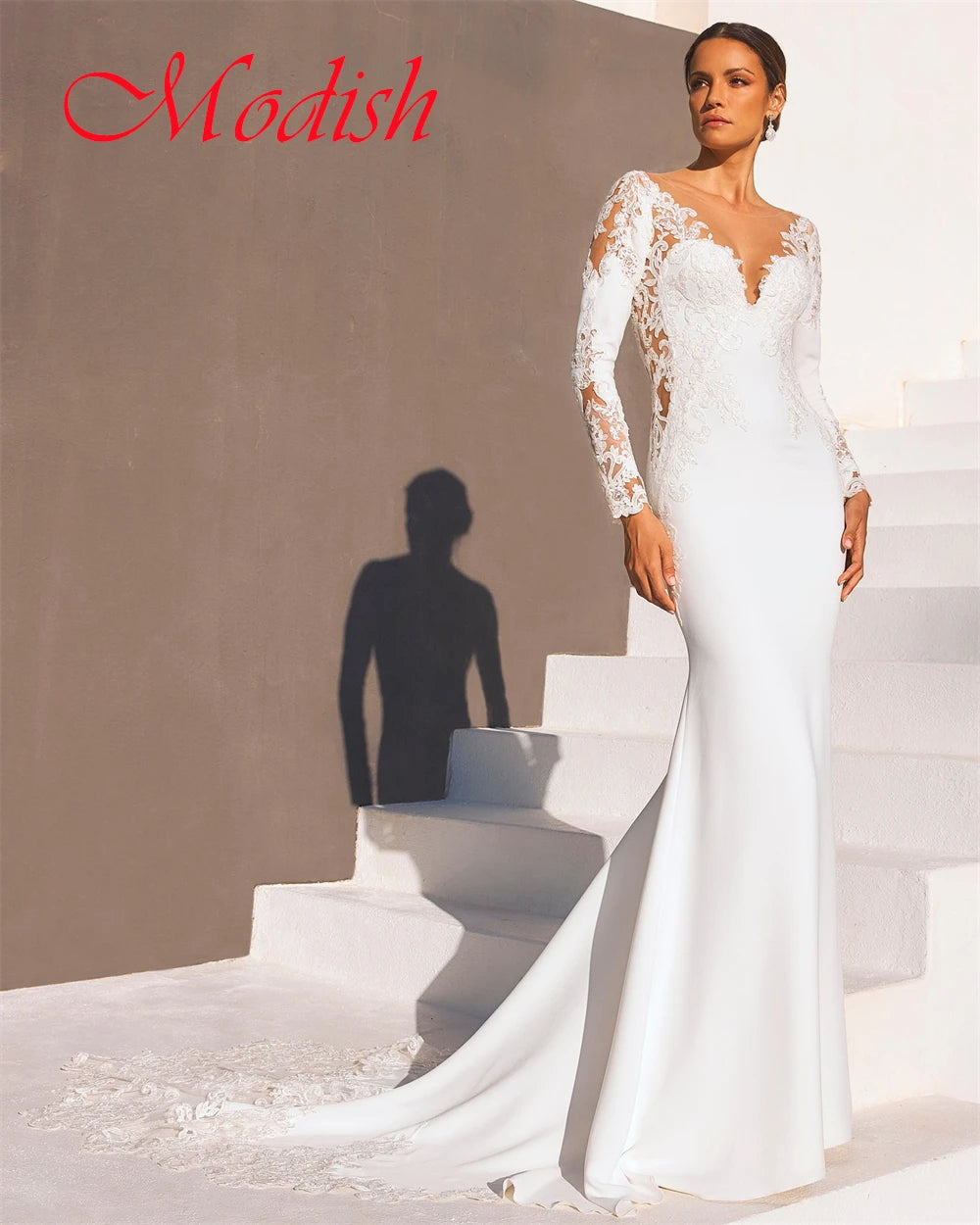 Customized Pure White Jersey Wedding Dress Delicate V-neck Long Sleeves Robe de mariée Classic Buttons Back Vestido De Novia
