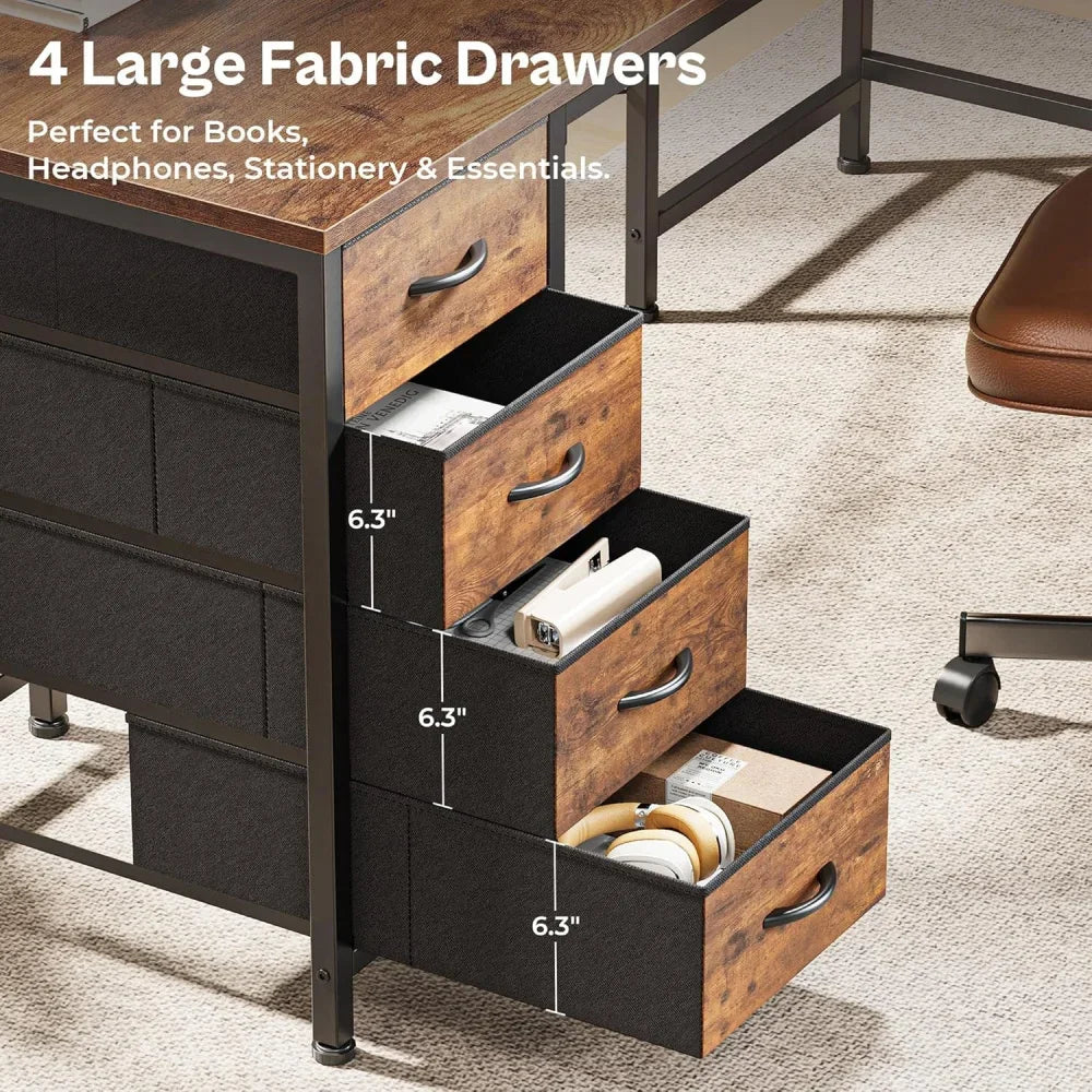 55 Inch L Shaped Desk with Fabric Drawers, Reversible Computer Gaming Desk with Power Outlets and USB-C Port, Adjustable Side S