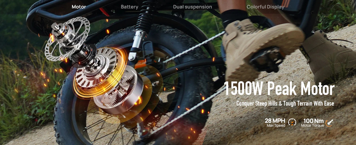 1500W Peak Electric Mountain Bike 48V 15.6Ah Removable Battery 28MPH 100 Mile Range 20X4" Fat Tire E-Bike Free Shipping Hot Sale