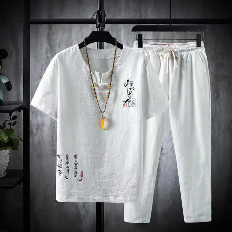 (Shirt + trousers)2025 summer Chinese Style men shirt Cotton and linen shirts men's High quality casual shirts Two Piece M-5XL
