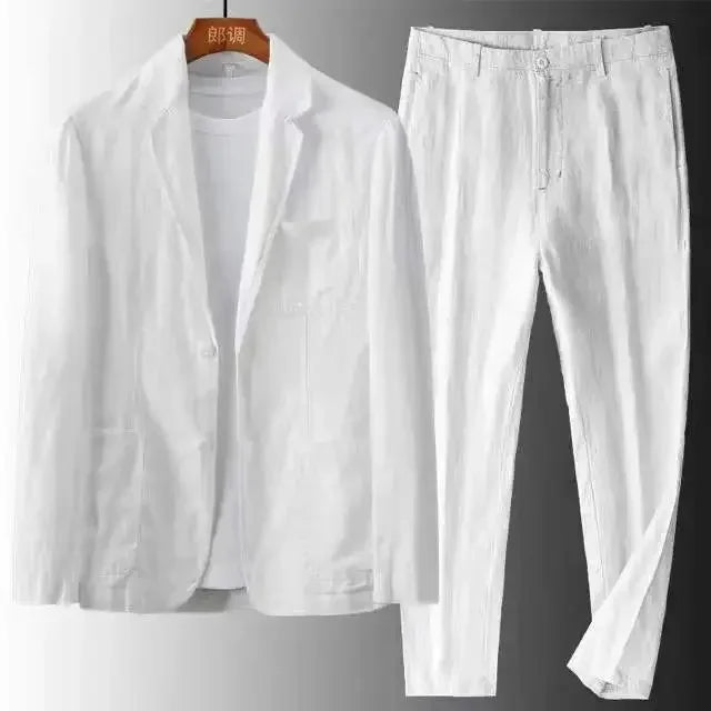 Men's Spring Summer Casual Sets Cotton Linen Two-piece Set Blazer Jacket + Pants Casual Business Thin Clothing Breathable Suit