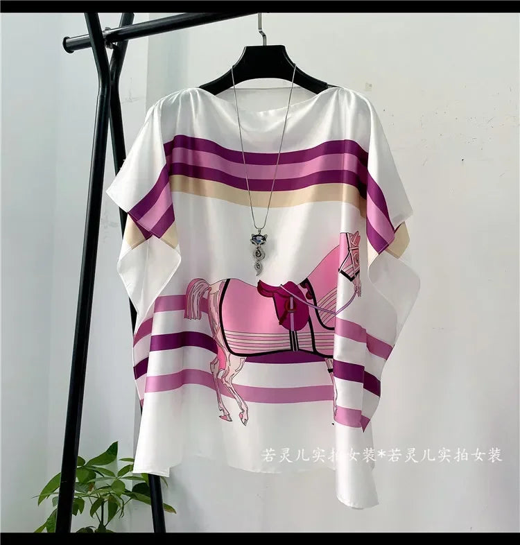 women print satin blouses summer vintage women batwing sleeve print shirts tops lady's satin tops