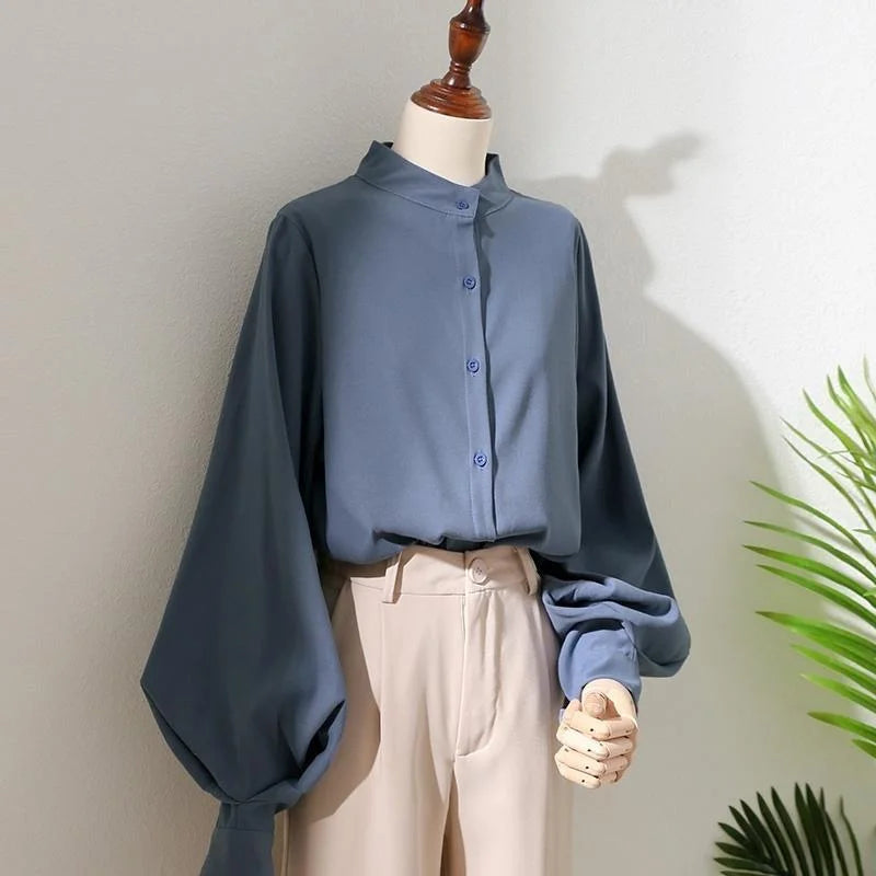 Woman Spring Autumn Style Blouses Shirt Lady Long Lantern Sleeve Stand Collar