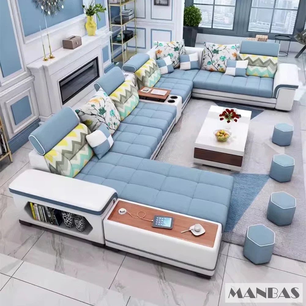 Big U-Shape Coth Living Room Sofa Sets with USB, Speaker, Stools, Bluetooth - MANBAS Fabric Sectional Sofas for Home Furniture