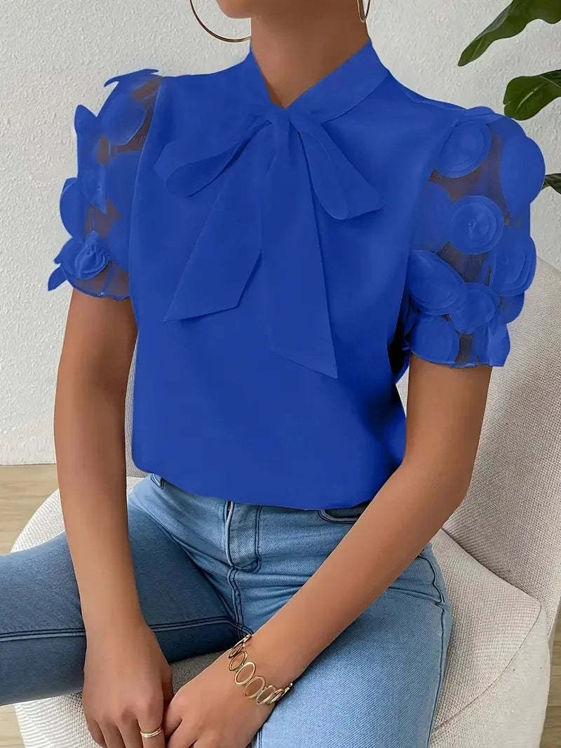 Summer Short Sleeve Blouses For Women 2025 Fashion Loose Bow O-neck White Tops Casual Ladies Shirts Elegant