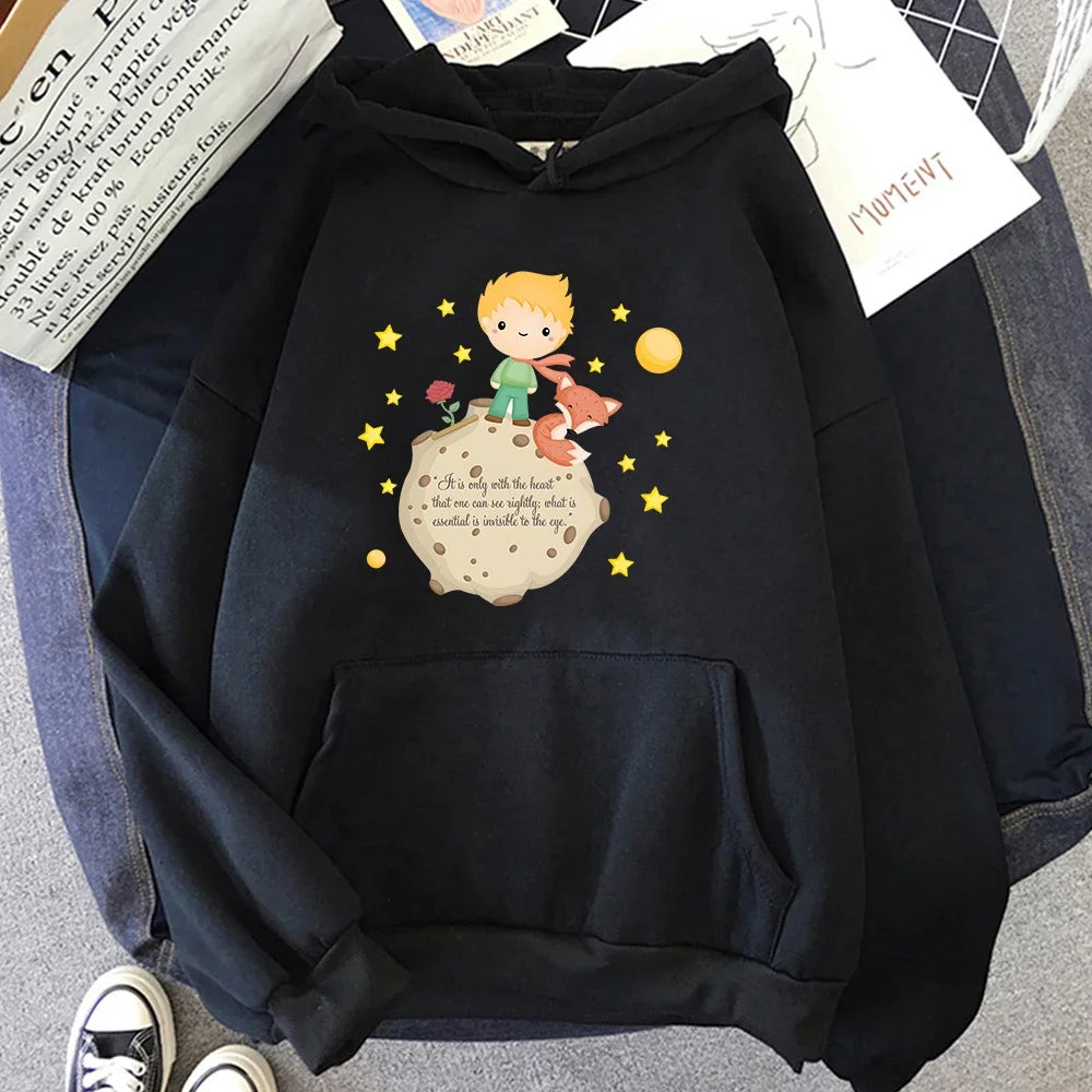 Little Prince and Fox Hoodies Women Casual Sweatshirts Kawaii Cartoon Printing Hoody Cute Clothes for Girls Graphic Hooded Tops