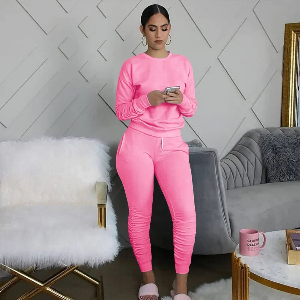 New round Neck Long Sleeve Slim Fit Warm Top Elastic Waistband Lace-up Trousers Simple Solid Color Sports Two-Piece Set