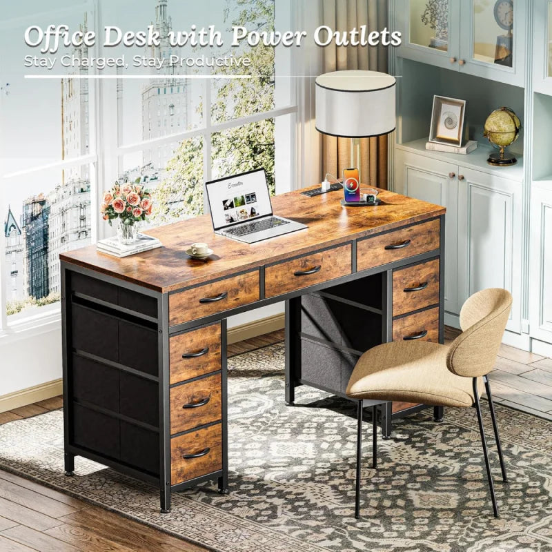 47 Inch Office Desk with Outlets, Computer Desk with 9 Fabric Drawers, Writing Gaming Work Study Desk for Bedroom,