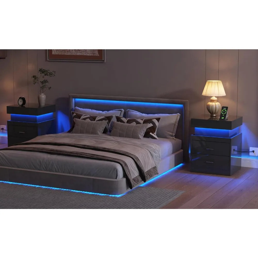 LED Nightstand with Charging Station,Smart Night Stand with Sliding Top Storage, 2-Drawers High Gloss Bedside Table, Modern End