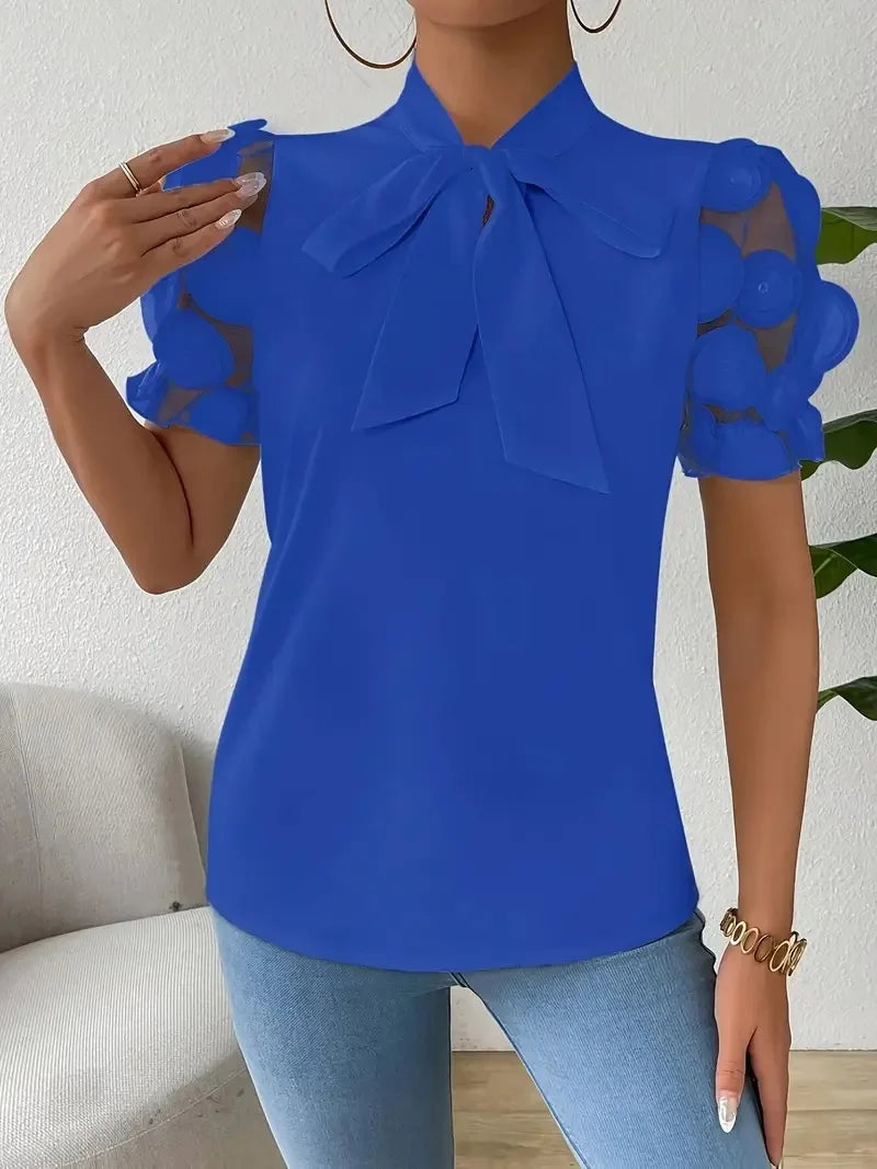 Summer Short Sleeve Blouses For Women 2025 Fashion Loose Bow O-neck White Tops Casual Ladies Shirts Elegant