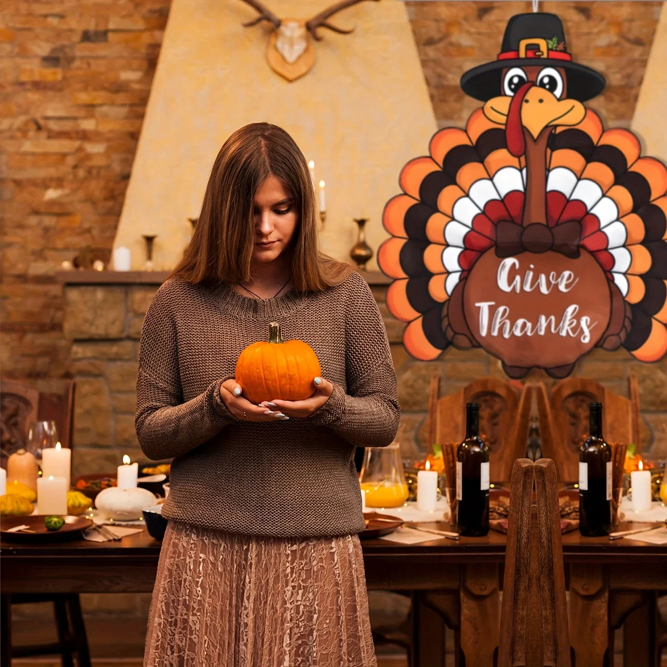 Thanksgiving Party Banner Decoration Turkey Wreath Banner for Front Wall Yard Signs, Thankful Blessed Grateful Turkey Banner
