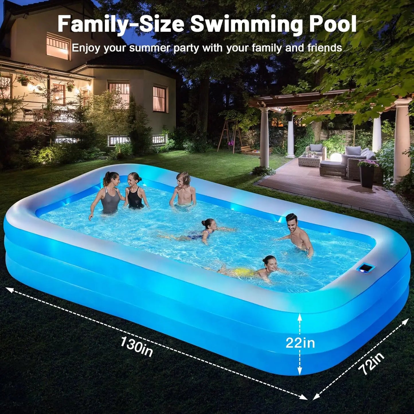 Inflatable Pool with Lights, 130"x72"x22" Solar Inflatable Swimming Pool with Air Pump for Kids, Adults, Family, 7 Color Large B