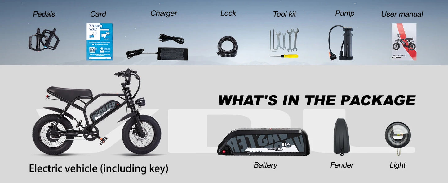 VDL Mountain Electric Bike , 16" Fat Tire Ebike, Wider Seat 800W Peak Motor, Removable Battery, Front Fork Suspension