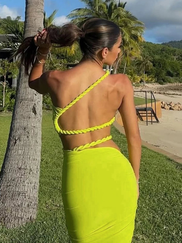 Nibber Temperament Beach Vacation 2 Piece Set Women Irregular Skew Collar Bandage Backless Tops+Ruched Skirts Summer Trend Suit