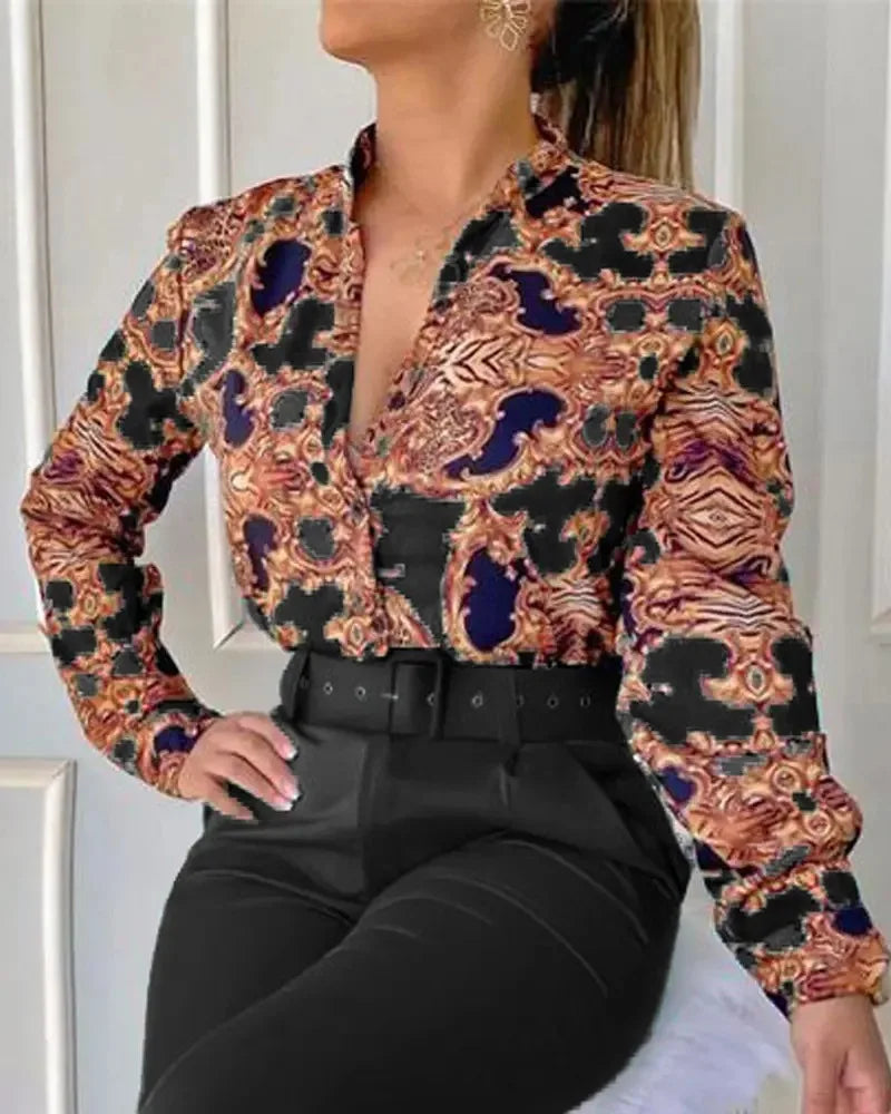 Spring New Printed Long Sleeved Shirt Suit Women's Slim Retro Stand Collar Pocket Small Foot Trousers Two Piece Set With Belt
