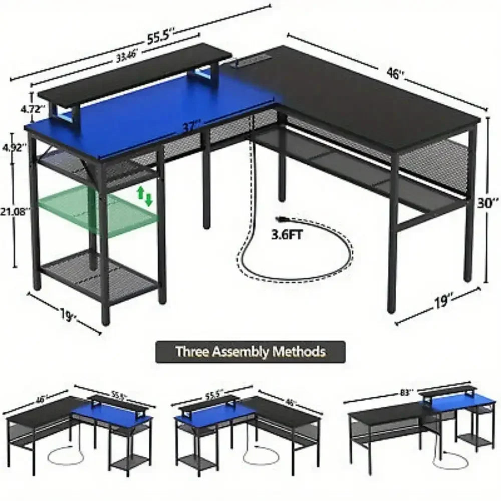 L-shaped computer desk with lighting in more than 60, 000 colors, unique grid back plate and grid bookshelves