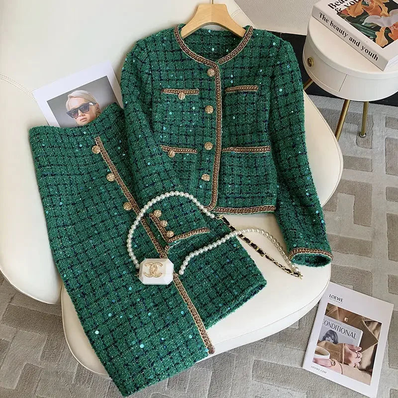 Vintage High-Waisted Tweed Jacket With Green Sequins Women's Autumn/Winter 2024 New Side Slit Skirt Fashion Green Sequins Tweed