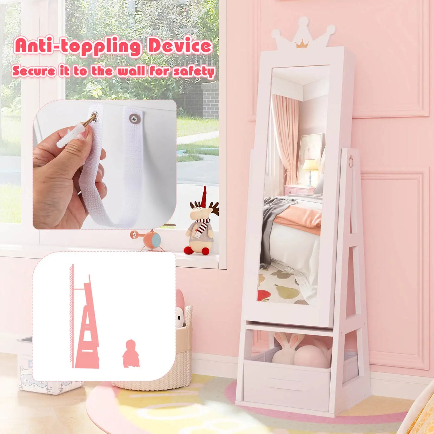 Kids Jewelry Cabinet w/ Full-Length Mirror Foldable Drawer Anti-toppling System