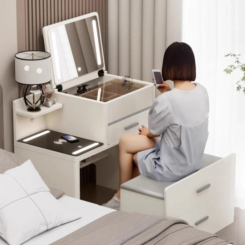 Dresser Bedside Table Integrated Combination Dressing Table Makeup Vanity Multifunctional With Lamp Stool Bluetooth Nightstands