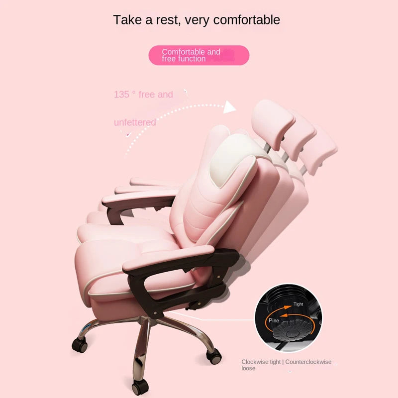 Pink Gaming Chair for Girls Home Computer Office Chair Comfortable Pink PU Leater Bedroom Sofa Reclining Writing Desk Chairs