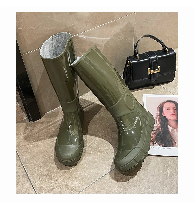 Comemore Fashion Autumn High Long Boots Women's Rain Boots Girl Outdoor Rubber Water Shoes for Women Waterproof Garden Galoshes