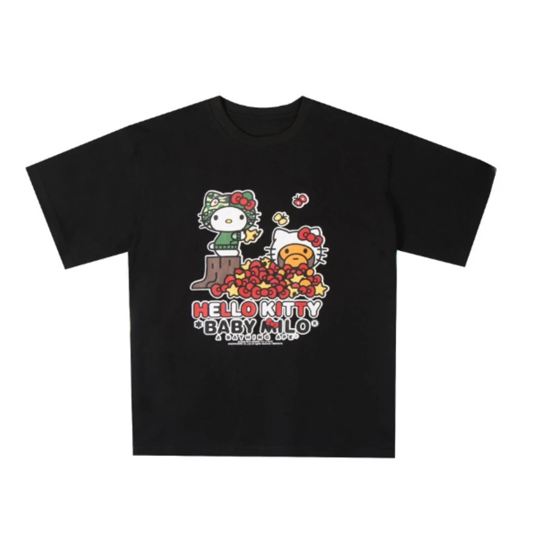 HelloKitty Sanlio Classic INS Letter Print Cotton Loose Male and Female Couple Short Sleeve T-shirt Is for Both Men and Women