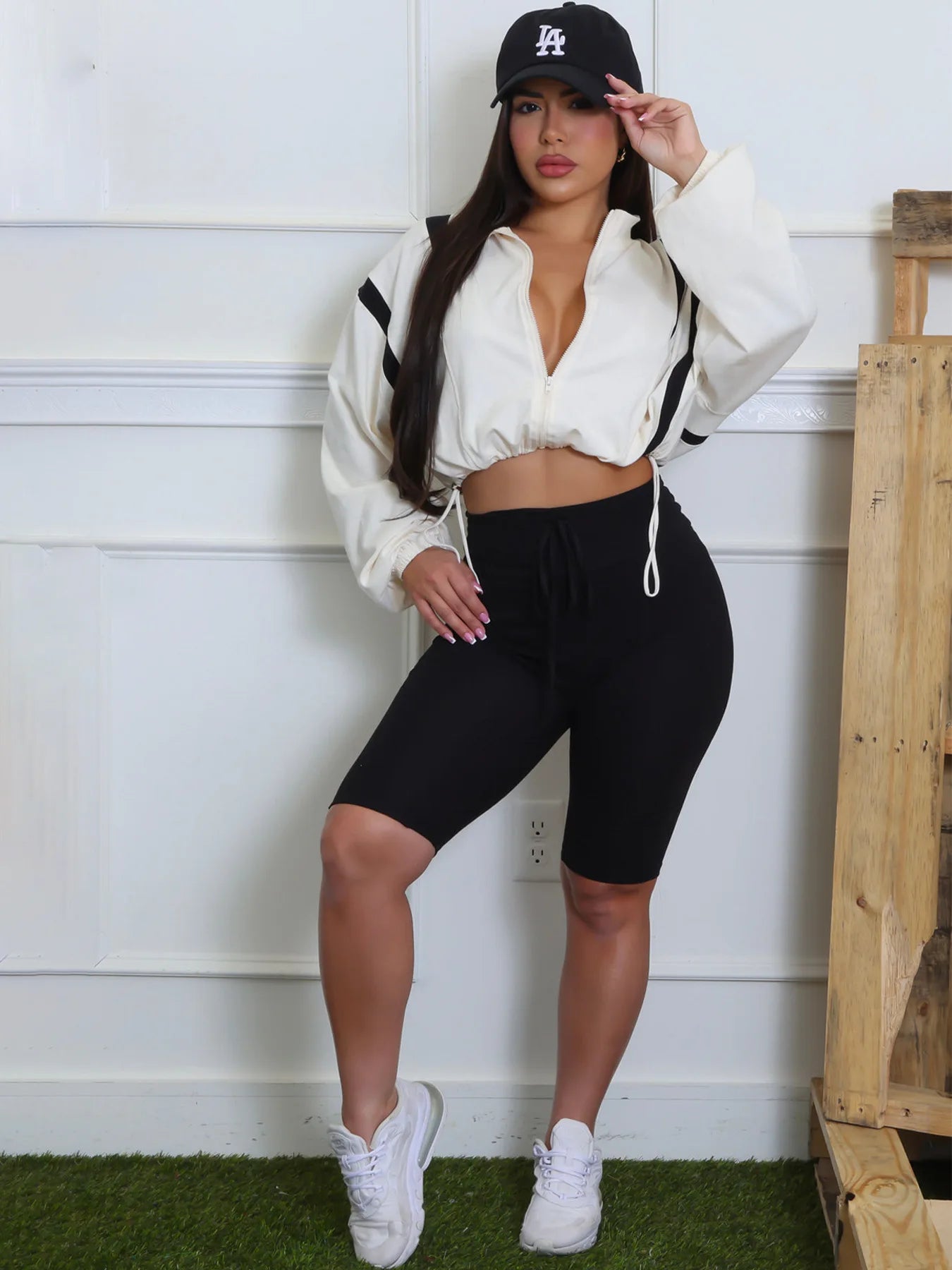 FAGADOER Fashion Sports 2 Pieces Set for Woman Color Block Drawstring Patchwork Crop Top and Pants Outfit Female Streetwear New