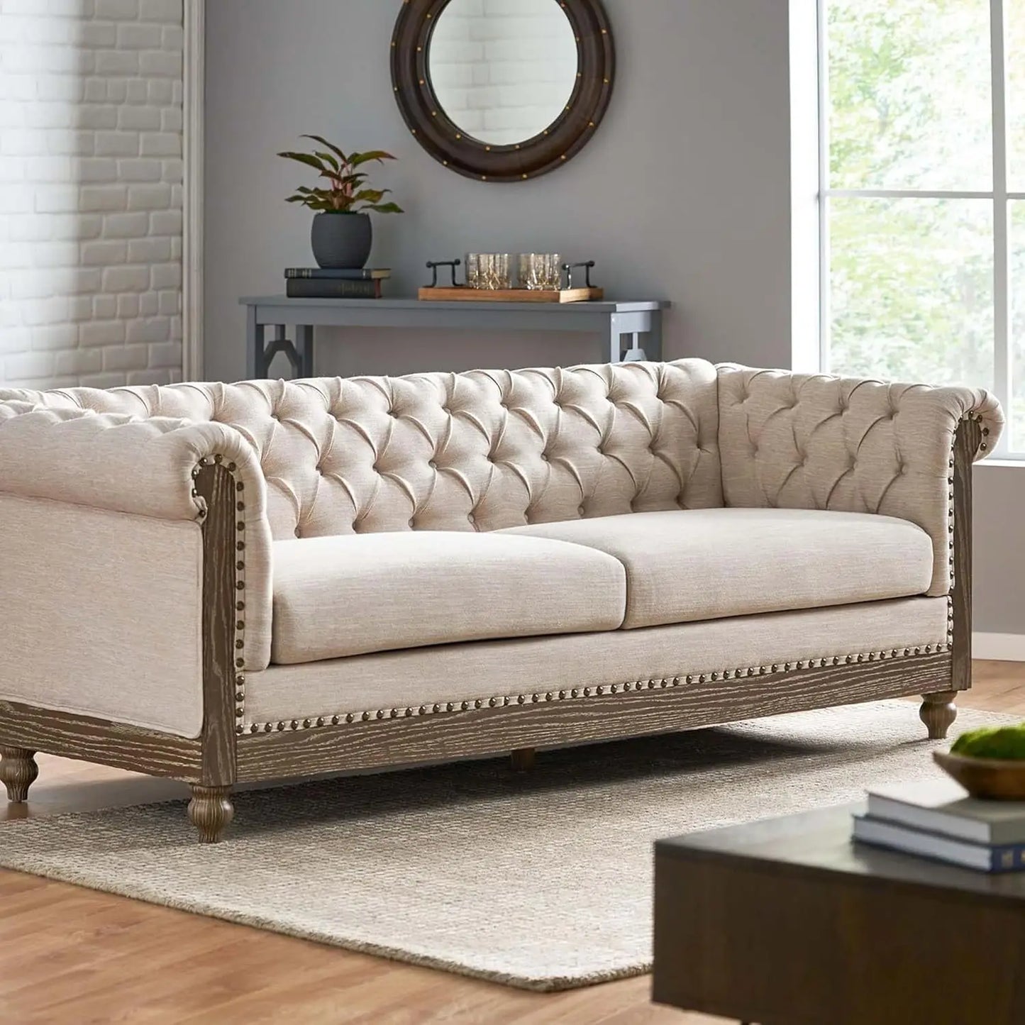 78.75 Upholstered Chesterfield Couch, Modern 3 Seater Sofa with Tufted Back and Square Arms Wood Leg, Nailhead Sofa for Living