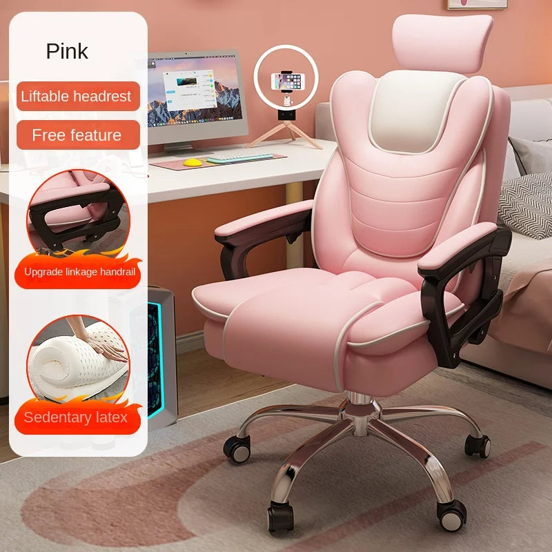 Pink Gaming Chair for Girls Home Computer Office Chair Comfortable Pink PU Leater Bedroom Sofa Reclining Writing Desk Chairs