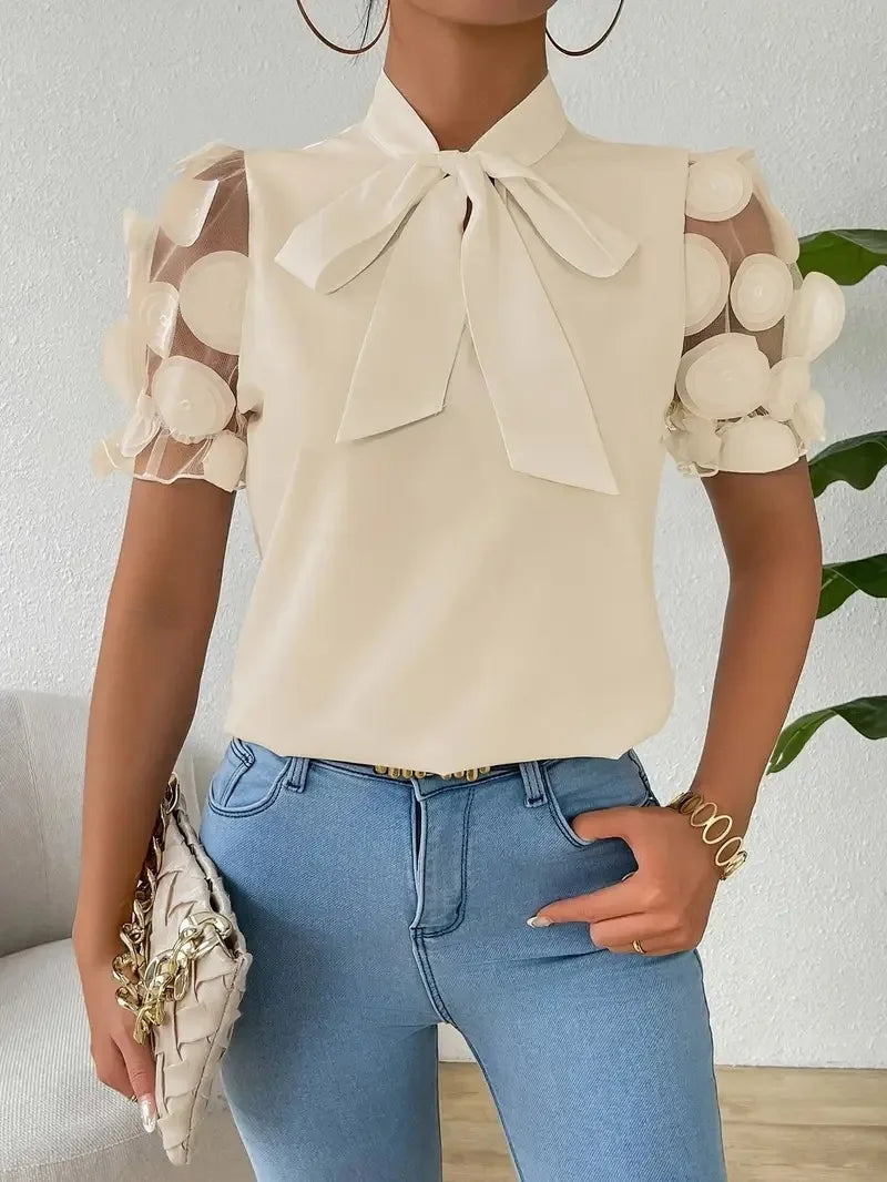 Summer Short Sleeve Blouses For Women 2025 Fashion Loose Bow O-neck White Tops Casual Ladies Shirts Elegant