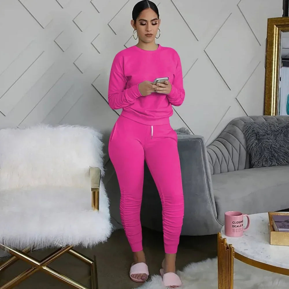 New round Neck Long Sleeve Slim Fit Warm Top Elastic Waistband Lace-up Trousers Simple Solid Color Sports Two-Piece Set