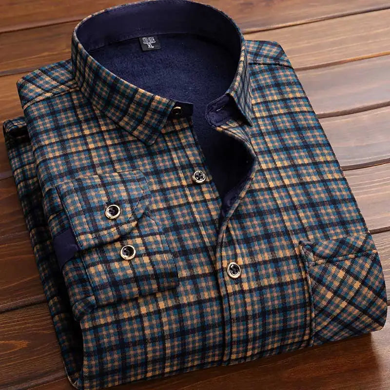 2025 Men's Autumn Winter Thick Warm Long Sleeve Plaid Shirt