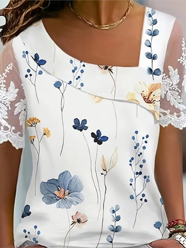 Fashion White Lace Short Sleeve Tops Women T Shirt 2023 Summer Casual Buttons Office T-shirt Tshirt Top Femme
