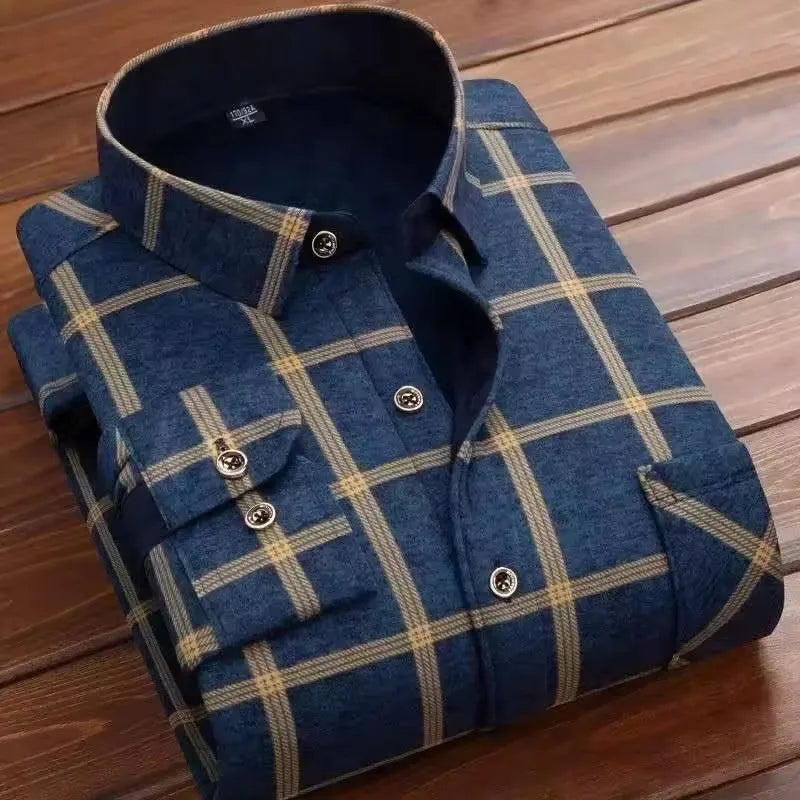 2025 Men's Autumn Winter Thick Warm Long Sleeve Plaid Shirt