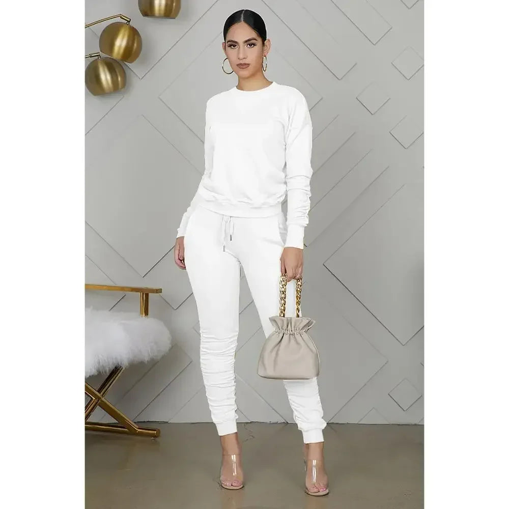 New round Neck Long Sleeve Slim Fit Warm Top Elastic Waistband Lace-up Trousers Simple Solid Color Sports Two-Piece Set