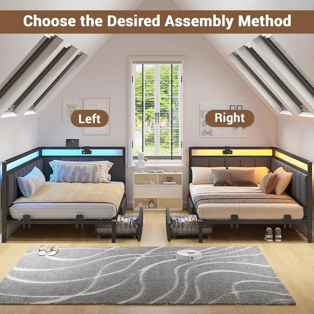 Hasuit Corner Bed Frame with Storage Drawers, Twin Daybed with Line Fabric Upholstered Fence, Kids Bed Unit with LED Light