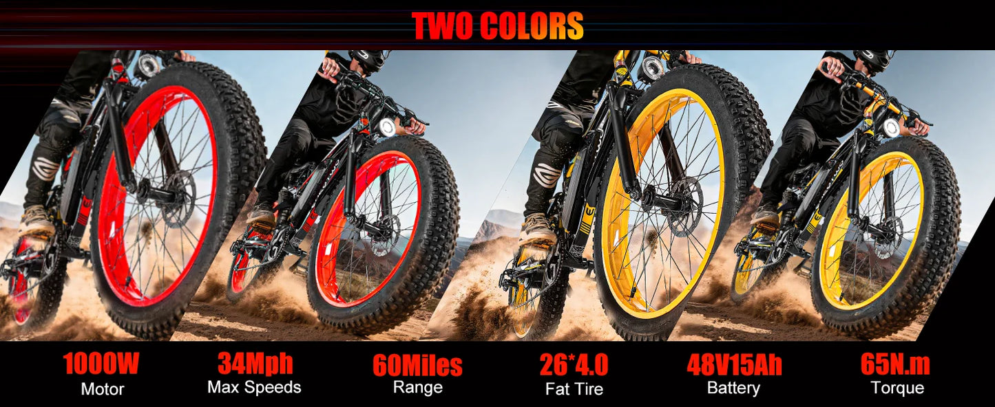 Electric Bike Adults 1500W Peak Motor 34Mph Electric Bicycle 26" Fat Tire Mountain Bike 60Mile Range 48V 15AH Electric Dirt Bike