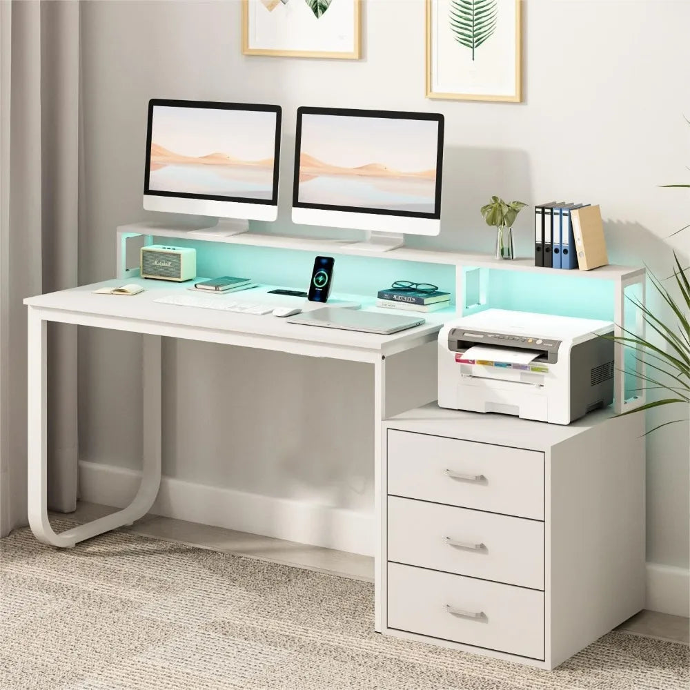 67" Computer Desk with 3 Drawers, Home Office Desk with Long Monitor Stand and Printer Space, Office Desk with Storage & LED Li